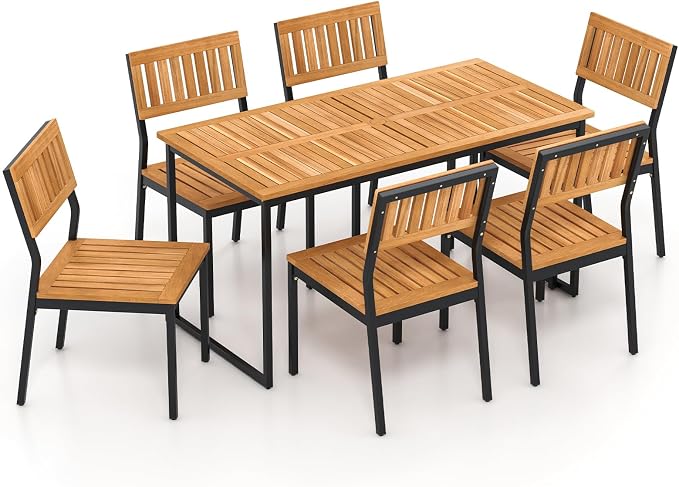 Tangkula 7 Piece Outdoor Dining Set for 6, Acacia Wood Rectangular Dining Table & 6 Armless Chairs w/Metal Frame, Umbrella Hole, Farmhouse Dining Furniture Set for Garden Porch Poolside