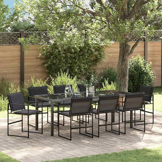 9 Piece Outdoor Dining Set for 8, Modern Patio Furniture with Tempered Glass Table and Textilene Chairs, Black