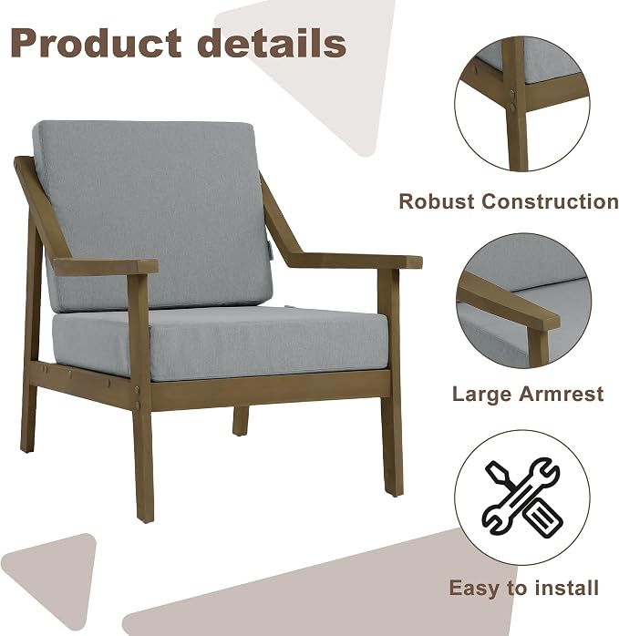 Outdoor Patio Furniture Set, 3 Piece Patio Conversation Sets with Washable Thick Cushions, All-Weather Solid Wood Patio Bistro Set for Porch, Balcony, Natural Frame & Gray Cushion