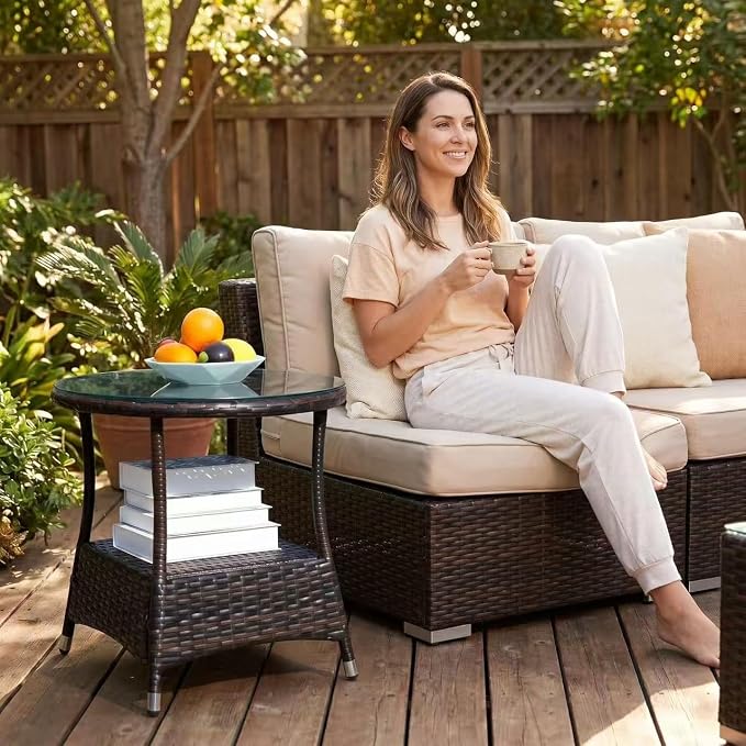 IRONORA Outdoor Wicker Coffee Table Patio Round Side Tables for Outside, Tempered Glass Top Wicker Table with Storage End Table for Balcony Porch Deck