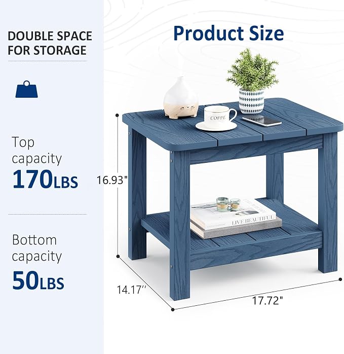 18" Outdoor Side Table, 2-Tier Patio Side Table, Weather Resistant, Easy Assembled, HIPS Adirondack Side Table for Backyard, Pool, Indoor, Blue