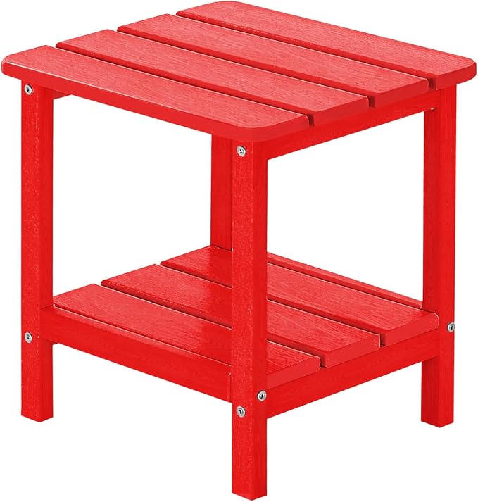 Outdoor Side Table HDPE Small Outdoor End Table Patio Side Tables Square for Backyard Pool Porch Balcony Double Layer Storage, Red (Wood Grain Finish)