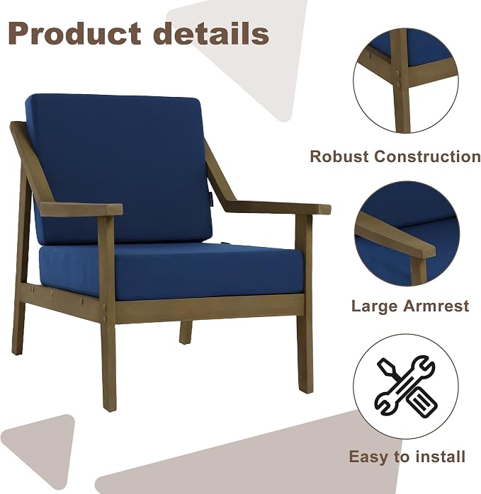 Outdoor Patio Furniture Set, 3 Piece Patio Conversation Sets with Washable Thick Cushions, All-Weather Solid Wood Patio Bistro Set for Porch, Balcony, Natural Frame & Navy Cushion