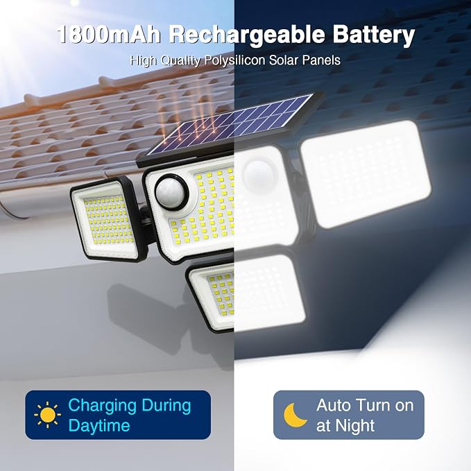 4500LM Solar Lights Outdoor Waterproof, 254 LED Solar Flood Lights Outdoor with 2 Motion Sensor, 4 Heads Security Light with Remote Control for Yard Outside House Garage 3 Pack