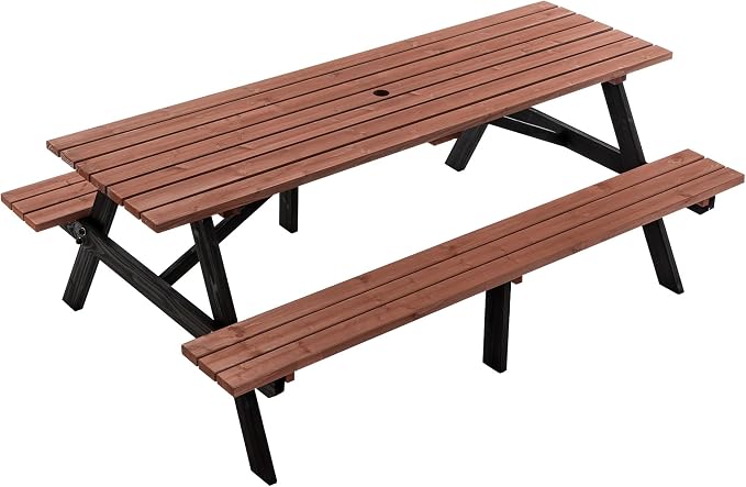 Brown 75" Rectangular Picnic Table for Outdoors,8 Person Wooden Picnic Tables,Outdoor Camping Dining Tables with 2 Seats DIY with 2 Built-in Benches for Garden Courtyard BBQ,2220lb Capacity