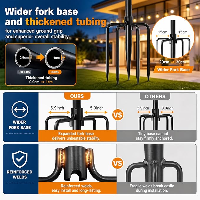 2 Pack 10FT Lighting Hanging Pole for Outside, Waterproof Hardened Metal Outdoor String Light Poles for Patio, Garden, Bistro, Wedding, Parties