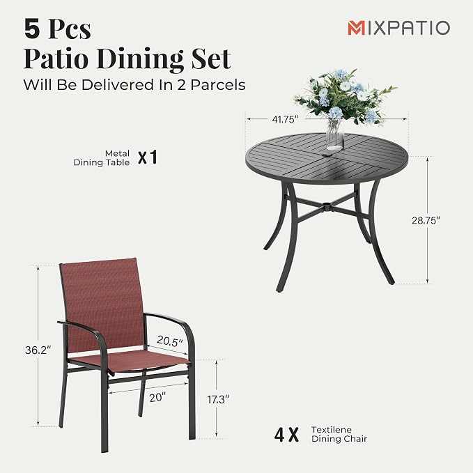 MIXPATIO Patio Table and Chairs Set for 4, 5 Pieces Outdoor Dining Set, 4 Red Textilene Chairs and 42" Metal Round Table with Umbrella Hole, for Deck Garden Backyard Lawn Poolside