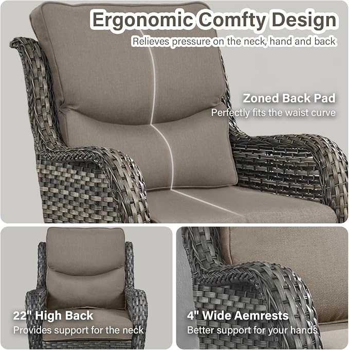 Outdoor Swivel Rocker Patio Chairs with 2 Ottomans - 5" Thick Cushion 4 Piece Furniture Set All Weather Comfortable Wicker Conversation Set for Porch Poolside and Deck - Gray/Gray