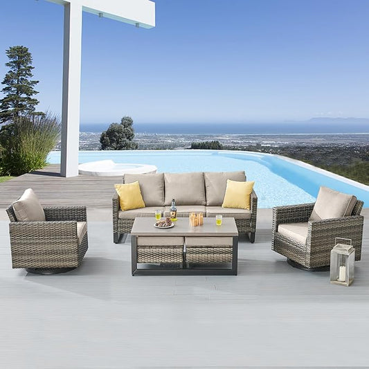 Belord 6 Piece Outdoor Furniture Patio Wicker Sofa Set, Oversize Outdoor Swivel Rocker Chairs with Rattan Ottomans, Conversation Sets Patio Furniture Come with Removable Washable Cushion Grey