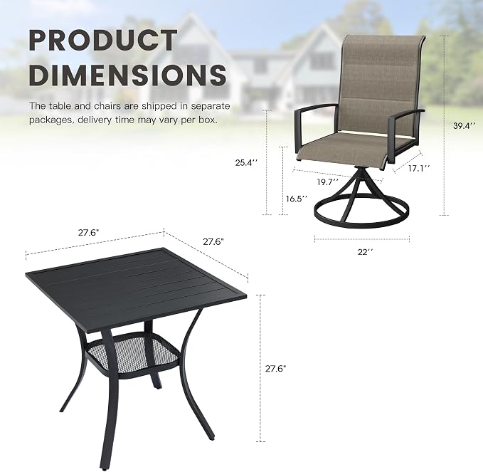 Outdoor Dining Set for 2, 28" Metal Square Outdoor Dining Table and Padded Textilene Patio Swivel Chairs, 3 Pieces Patio Table and Chairs Set for Garden Backyard, Mixed Brown and Black