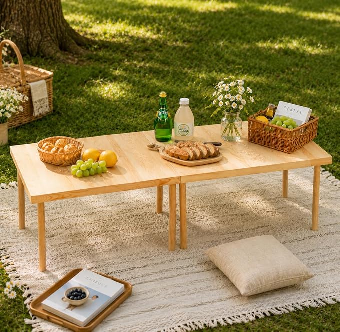 48"x24" Boho Wooden Picnic Table, Portable Wood Picnic Desk,Solid Wood Picnic Table, Boho Low Picnic Floor Desk for Beach, Camping, Backyard, Floor Seating