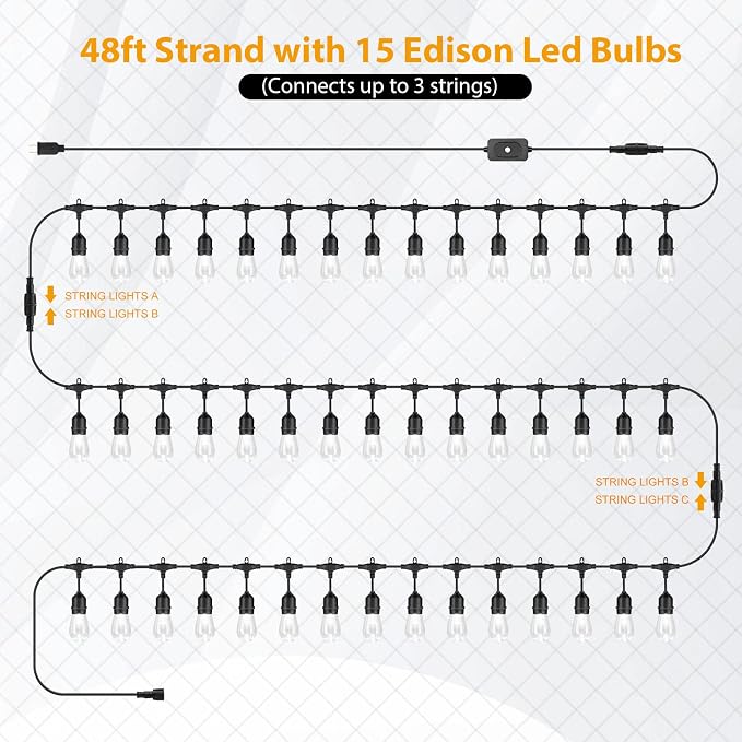 144FT(3x48FT) 3 Colors LED Outdoor String Light with Remote, Black | Plug in, Jump/Fade/Static Modes, 2700K/4000K/5000K, 45+3 S14 Bulbs, Waterproof, Dimmable, Connectable, for Balcony Party