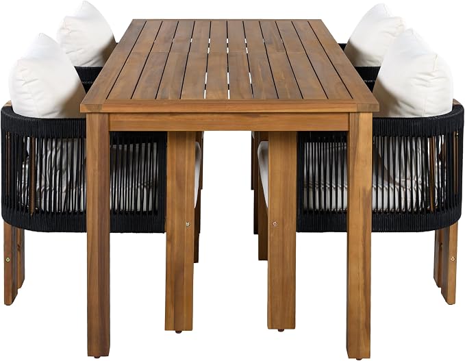 Acacia Wood Patio Dining Set for 4, All-Weather Outdoor Dinning Set Conversation Set with 4 Rope Woven Chairs and Cushions for Garden Backyard Balcony (Black,Brown)