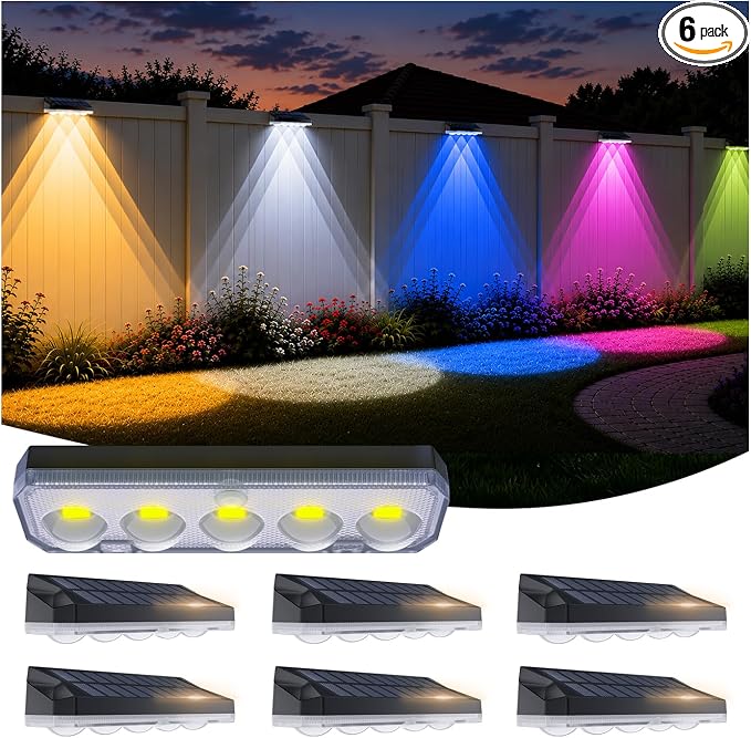 Tenmiro Solar Fence Lights Outdoor 6 Pack, 40 Modes RGB & Cold/Warm White Wall Lights with 5 Lens, IP67 Waterproof Dusk to Dawn Outside Lighs for Backyard, Patio, Yard, Pool, Deck, Railing Decor
