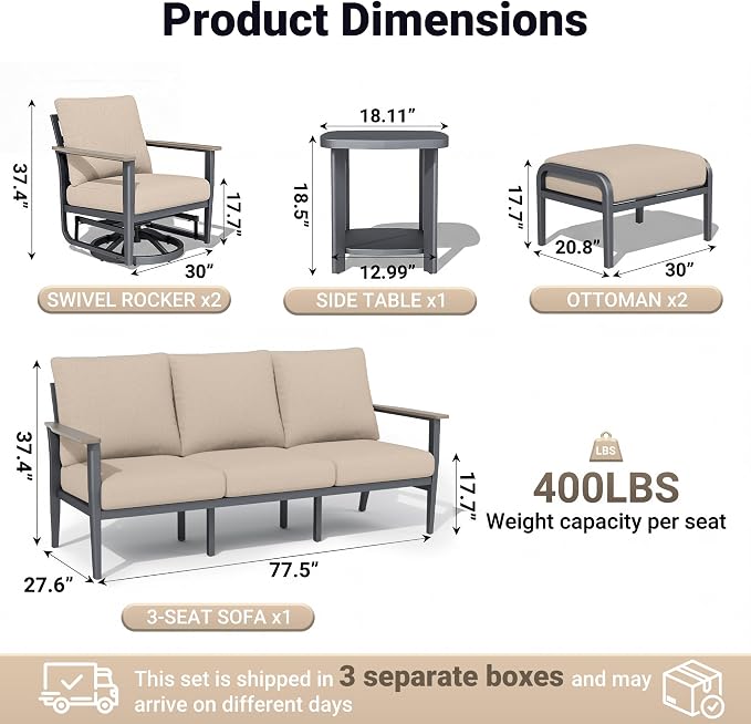Aluminum Outdoor Patio Furniture Set, 6-Piece Outdoor Sofa with 5.1" Thick Cushions, Swivel Rocking Chairs, Outdoor Couch with Ottomans, for Porch, Garden, Khaki