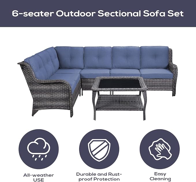 Belord Patio Furniture Set 6 Seats, Oversized Outdoor Sectional Couch, Two 3-Seater Sofas with Coffee Table, Patio Conversation Sets,Ideal for Porch, Deck, Gray Wicker/Blue