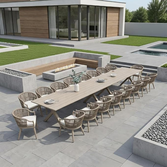 PURPLE LEAF 20 Pieces Outdoor Dining Set All Weather Wicker Patio Dining Set with Rectangular Aluminum Table and Modern Armrest Dining Chairs for Garden Deck Backyard Kitchen, Champagne