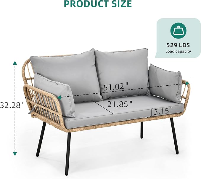 YITAHOME Patio Loveseat, All-Weather Wicker 2-Seat Sofa with Cushions & Lumbar Pillows, Outdoor Patio Furniture for Patio, Balcony, Backyard, Deck, Poolside - Grey