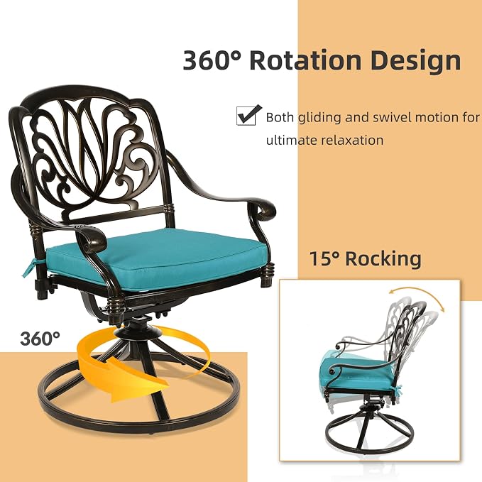 3-Piece Outdoor Patio Dining Set, All-Weather Cast Aluminum Patio Furniture Set for Backyard Garden Deck with 2 Swivel Cushioned Chairs and 35.4” Round Table, 2" Umbrella Hole, Ocean Blue