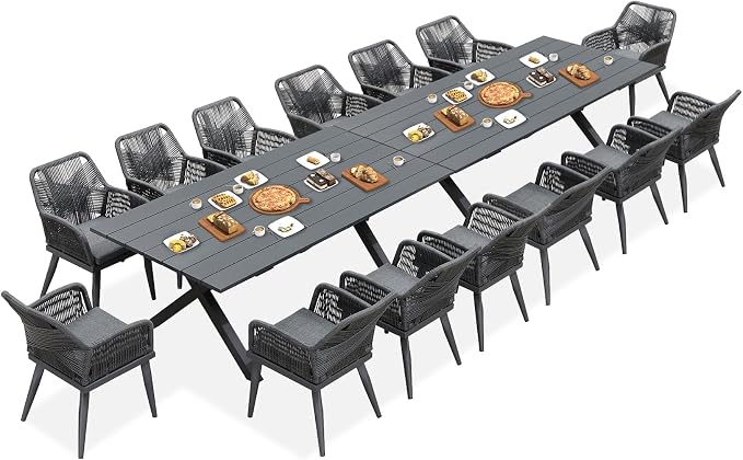 PURPLE LEAF 16 Pieces Outdoor Patio Dining Set All-Weather PE Rattan Furniture Set with All Aluminum Frame Outdoor Table and Chairs Set for 14 People Lawn Garden Backyard Deck, Grey