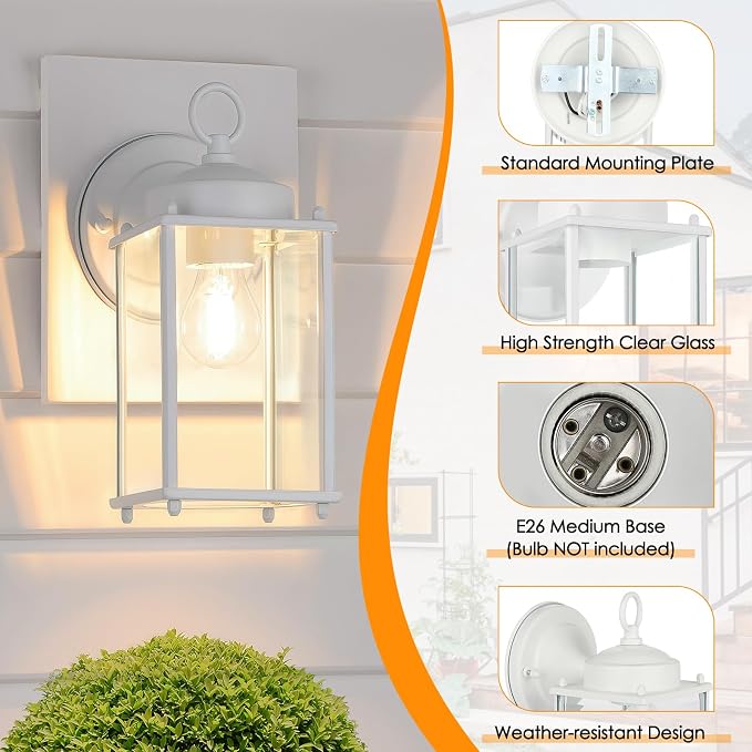 MATAMEYE Large Outdoor Wall Lantern, Exterior Waterproof Wall Sconce Light Fixtures, White Front Door Lighting with Clear Beveled Glass, Anti-Rust E26 Socket Porch Lamp, 2 Pack