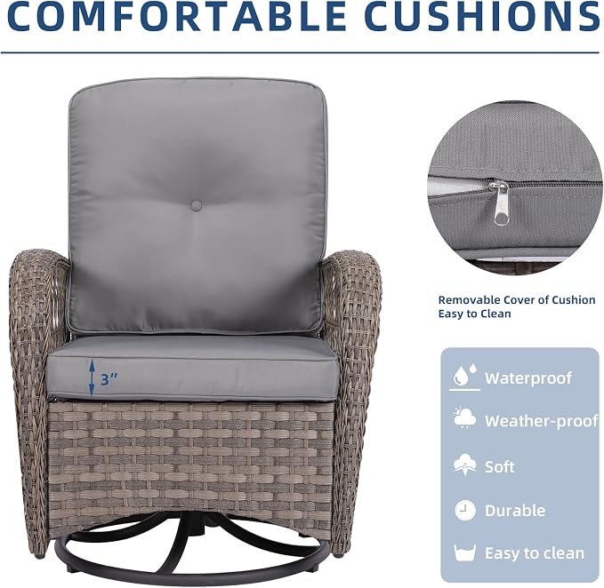 3-Piece Patio Wicker Conversation Bistro Set, Rattan Gliding Rocking Swivel Chairs with Cushion and Glass Top Side Table Outdoor Furniture Sets for Garden Backyard, Grey