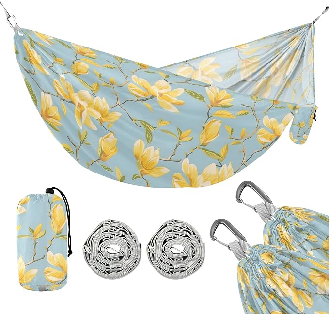 Camping Hammock Outdoor Hammocks for Outside Yellow Magnolia Flowers Beach Trees Portable Lightweight with Pockets Tree Straps Indoor Small