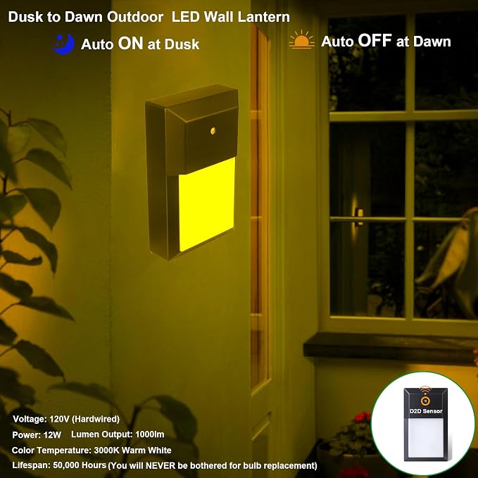Outdoor Porch Light, LED Wall Sconce, Rustproof Aluminum | Dusk to Dawn Modern Exterior Wall Light Fixture for House, Patio, Garage, 12W 1000 Lumen, Waterproof, 3000K, Black, 1 Pack