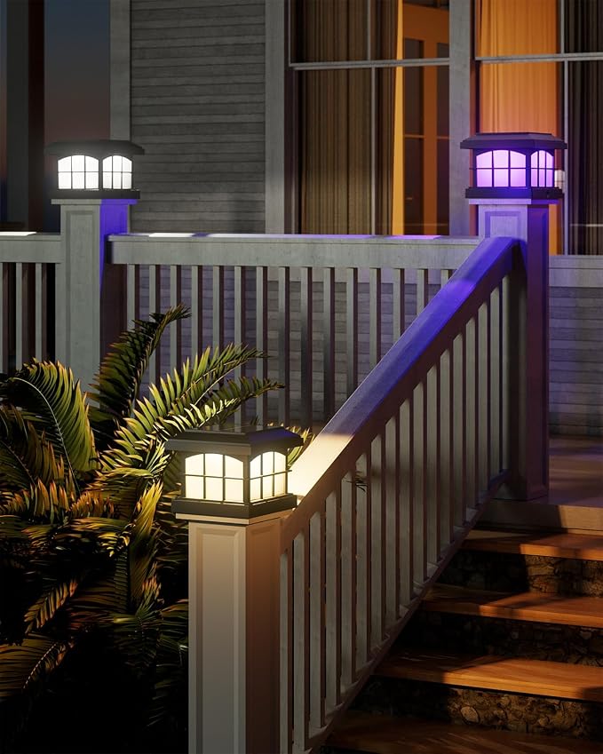 RGBCW Solar Post Cap Lights 12-Pack, 9 Colors 3 Modes Fence Cap Lights, Bright Solar Outdoor Waterproof LED Deck Lighting for Fence Garden Deck Patio Porch Decor 4x4 Vinyl/Wood, Black