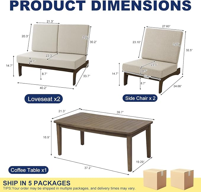 Pia Ricoo 4 Piece Patio Furniture Sets, Outdoor Loveseat Sofa Set with 2 Chairs & Coffee Table, Patio Conversation Set for Backyard, Deck, Lawn, Light Camel