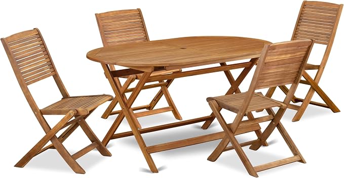 East West Furniture DIFM5CWNA 5 Piece Patio Garden Table Set Includes an Oval Outdoor Acacia Wood Dining Table and 4 Folding Side Chairs, 36x60 Inch, Natural Oil