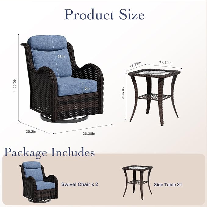 3 Pieces Outdoor Swivel Chairs Set of 2 with Rattan Side Table, Weather-Resistant Wicker High Back Swivel Rocker Chairs, Patio Conversation Set for Outside Porch Deck Garden,Blue