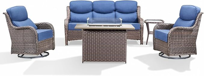 Luxury Patio Furniture Set with 6-inch Thick Cushion, Outdoor Furniture with Fire Pit Table, Swivel Chairs, Side Table, Sofa, 5pcs Wicker Conversation Set for Deck Yard(Brown Wicker/Blue Cushion)