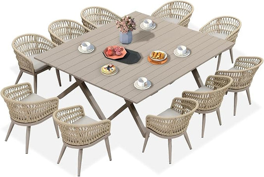 PURPLE LEAF 12 Pieces Outdoor Dining Sets All-Weather PE Rattan Outdoor Patio Furniture Set with All Aluminum Frame Outdoor Table and Chairs Set for Lawn Garden Backyard Deck, Champagne