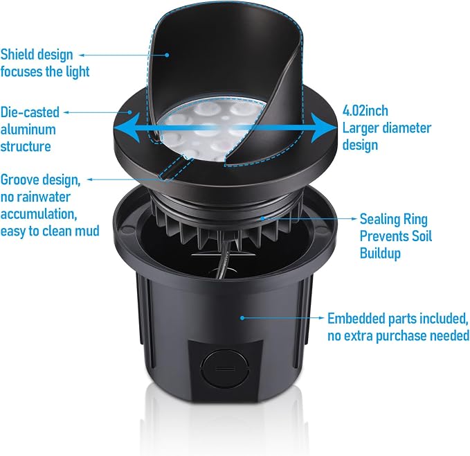 LEONLITE 6-Pack Dia.4 Inch 5CCT Well Lights Shielded Top Black | 12-24V AC/DC, CRI90, 1800K/2700K/3500K/4000K/5000K, Landscape LED In Ground Outdoor, Low Voltage Garden Landscaping, Aluminum