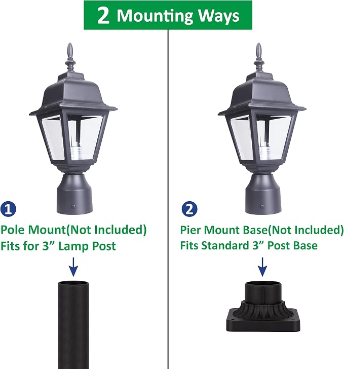 Outdoor Post Light, Rustproof Aluminum Pole Lamp, Black | Exterior Lamp Post Light Fixture for Garden, Yard, Pathway, Waterproof, Glass, E26 Base, Max 60W, 2 Pack