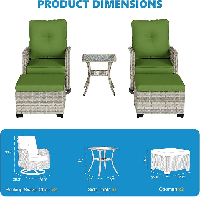 5-Piece Small Patio Furniture Set, Outdoor Swivel Rocking Chairs Set with Ottomans, Patio Bistro Set for Balcony, Deck, Porch, Grass Green