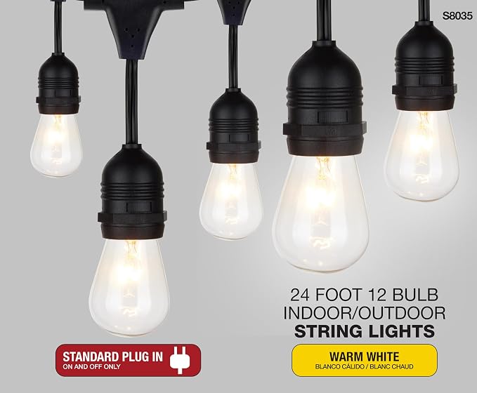 Satco S8035 Incandescent Indoor/Outdoor String Lights, Black, Bulbs Included, 24 Feet (Pack of 1)