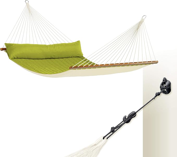 LA SIESTA® Alabama Quilted Hammock with Spreader Bar & CasaMount, Suspension Kit for Walls Ceilings & Square Beams - Portable Weatherproof Outdoor Hammock 2 Person Double Hammock Bed -XL King, Avocado