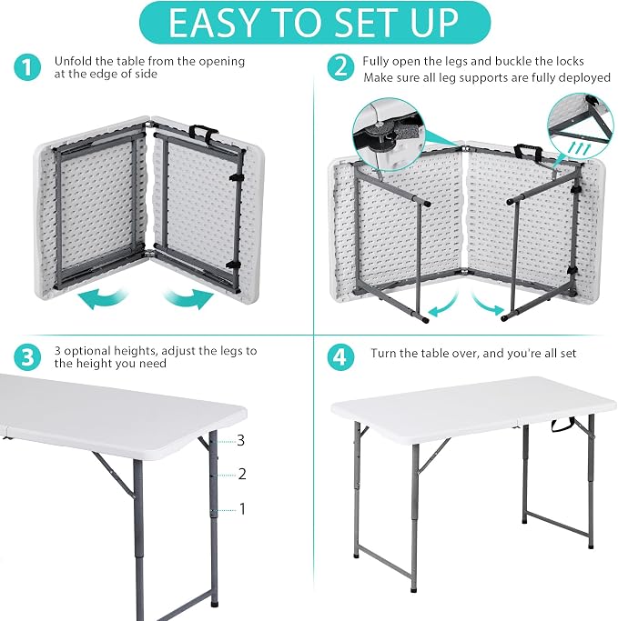 SUPER DEAL Portable 4 Foot Plastic Folding Table, Indoor Outdoor Heavy Duty Fold-in-Half Picnic Party Camping Barbecues Table with Carrying Handle, White