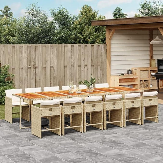 13 Piece Patio Dining Set with Cushions, Space Saving Cube Garden Furniture for Backyard, Beige Poly Rattan Table and Chairs