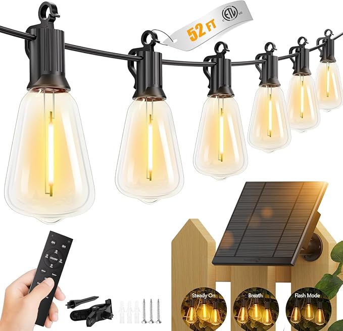 Brightown 52FT Solar String Lights Outdoor Waterproof with Remote, 15+1 LED Shatterproof Bulbs, Dimmable & Timable, 3 Light Modes - Commercial Grade Patio Lights for Garden Backyard Party Decor