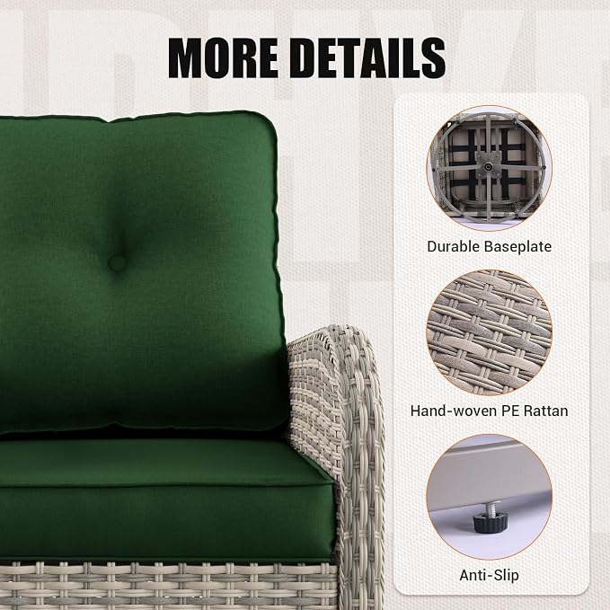 Patio Rocking Swivel Chairs Outdoor Wicker Rattan Bistro Set with Tempered Glass Side Table, Outdoor Patio Furniture Set for Garden, Deck, and Balcony, Dark Green