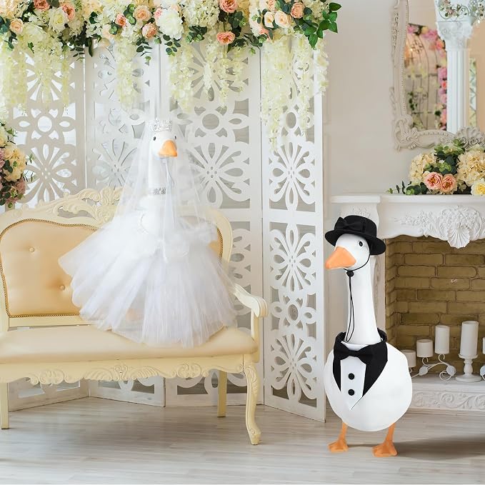 Wedding Porch Goose Outfit Set Bride Groom Costume | Includes Crown Veil Bow Tie Petticoat Collar Necklace Ideal for 23 Inch Outdoor Geese Couple Decor