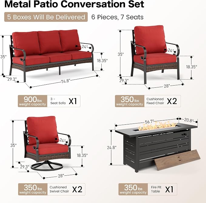 SUNSHINE VALLEY 6 Piece Metal Outdoor Patio Furniture Sets with Firepit Table, Patio Conversation Sets 1 3-Seater Sofa, 2 Leg Sofa and 2 Swivel Chair with 5.75" Cushion for Backyard Deck, Rust Red