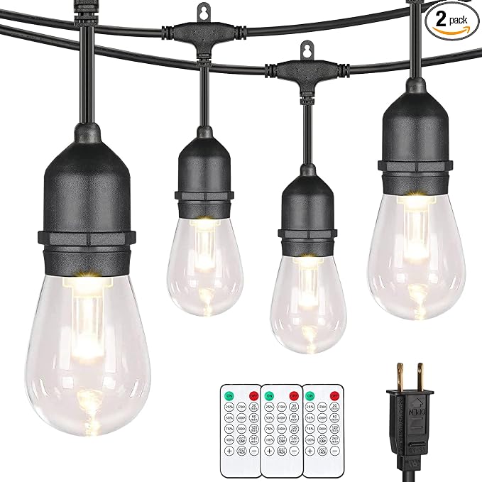 96FT(2x48FT) 3 Colors LED Outdoor String Lights with Remote, Black | Plug in, Jump/Fade/Static Modes, 2700K/4000K/5000K, 30+2 S14 Bulbs, Dimmable, Shatterproof, Waterproof, for Patio Cafe