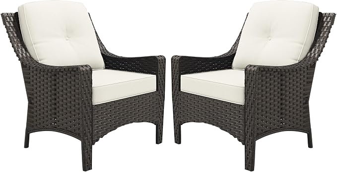 Patio Wicker Chair Set of 2 with High Back, All Weather PE Wicker Chair with Waterproof Cushion for Porch, Backyard, Balcony, Deck