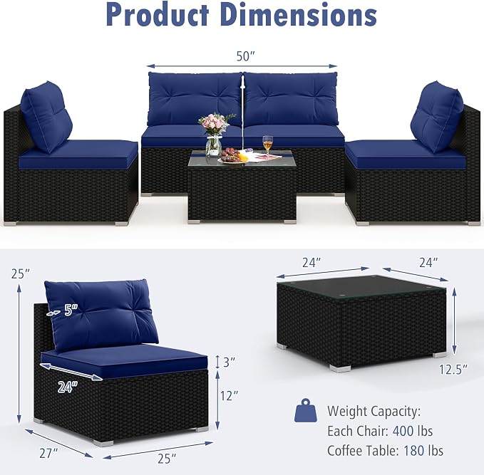DORTALA 5 Piece Wicker Patio Furniture Set, PE Rattan Outdoor Sectional Conversation Set with Tempered Glass Coffee Table, 4 Chairs for Deck, Backyard, Poolside, Navy