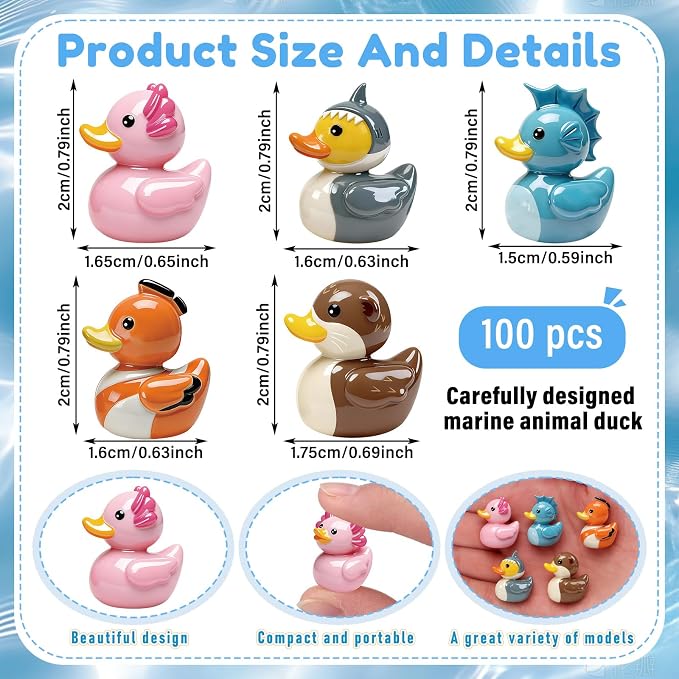 Novabright 100 Pcs Mini Resin Ocean Animals Ducks Tiny Resin Animals Ducks Figures Small Animal Statue for DIY Cake Craft Garden Landscape Ornament Potted Decoration Birthday Party Supplies