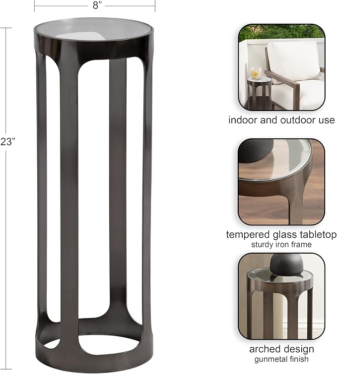 Kate and Laurel Dahl Modern Round Glass Top Outdoor Drink Table; 8 x 8 x 23; Clear Glass and Gray Gunmetal; Circle Pedestal Patio Mini Table for Living Room Plant Stand or Small Bedroom Nightstand